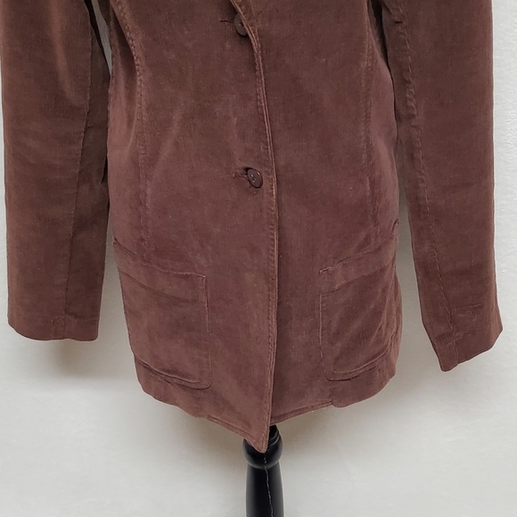 Vintage 90s SJB Brown Corduroy Long Hem Notched Collar Plunging Neckline Blazer - Picture 6 of 12